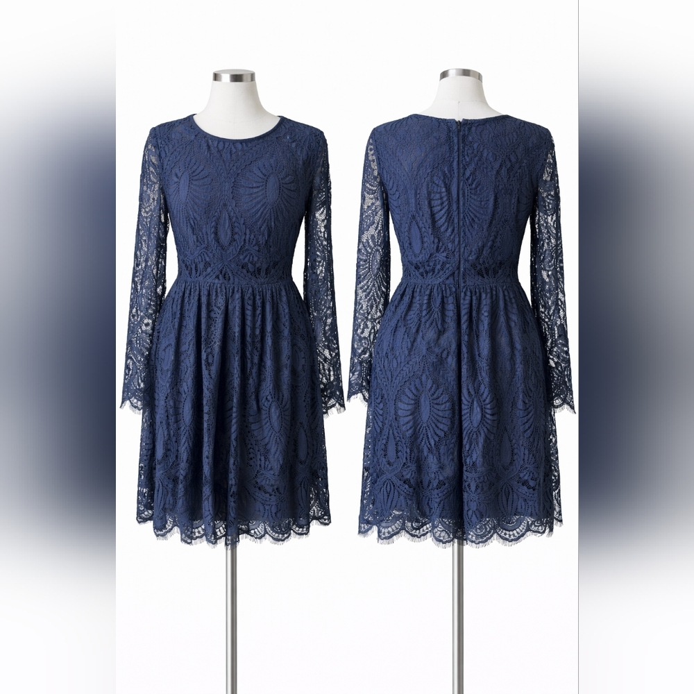 Women's Navy Lace Long-Sleeve Fit & Flare Dress